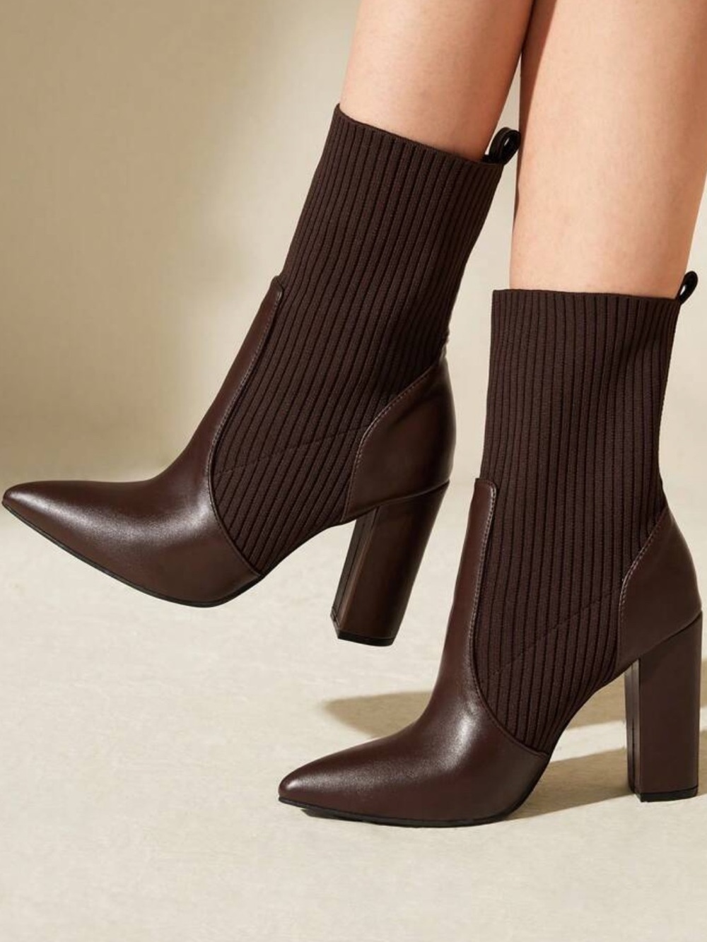 Women's Dark Brown Pointed Toe Knit Sock Block Heel Boots